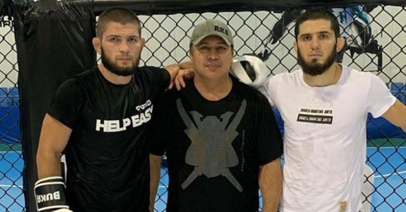 Islam Makhachev with coach Javier and teammate Khabib