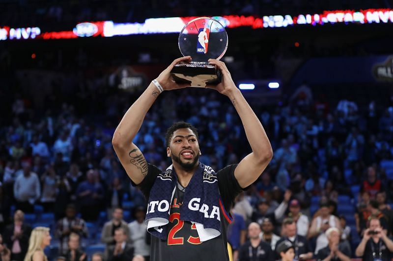 Anthony Davis #23 of the New Orleans Pelicans celebrates with the 2017 NBA All-Star Game MVP trophy