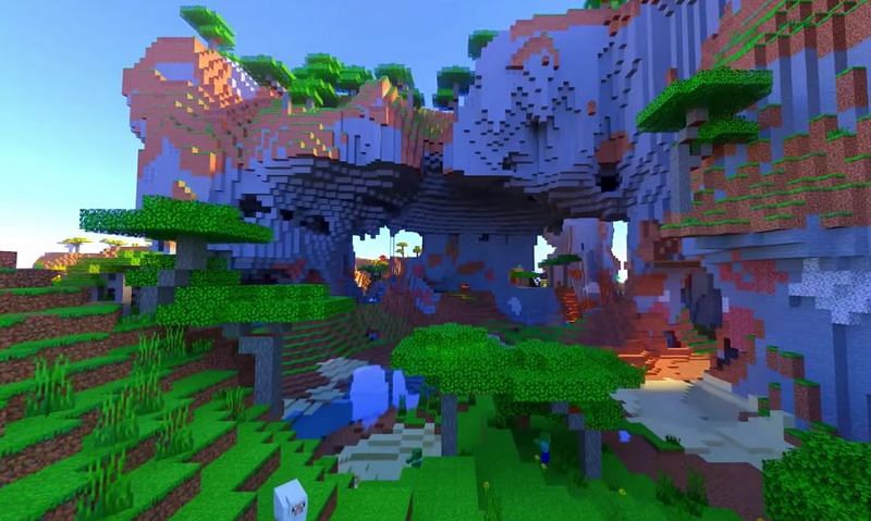 A beautiful pond and area protected by cliffs and overhangs in Minecraft (Image via Minecraft &amp; Chill / YouTube)