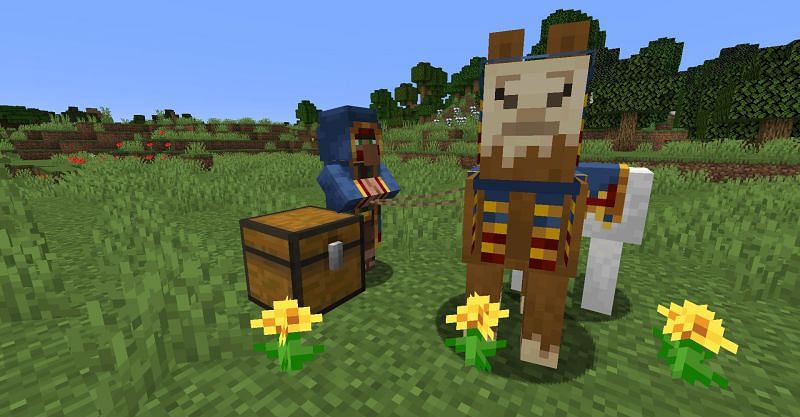 The Wandering Trader and two of his llamas in Minecraft. (Image via Minecraft)