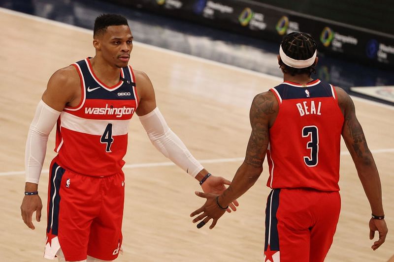 Russell Westbrook #4 of the Washington Wizards celebrates with Bradley Beal #3.