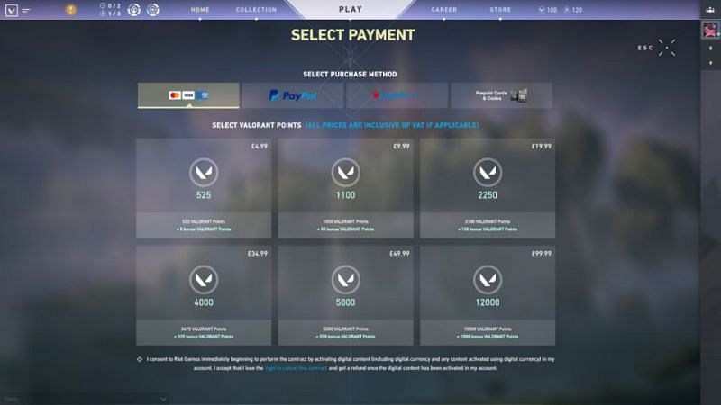 Price of VP in in-game Store (Screengrab from Valorant)