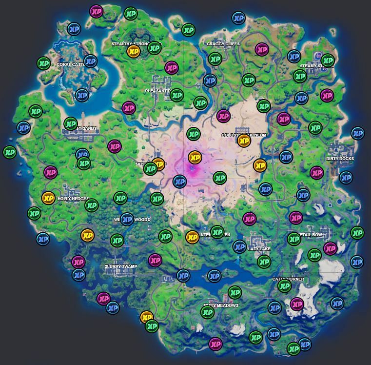 All XP coin location in Fortnite Chapter 2 Season 5 (Image via Fortnite.GG interactive map)