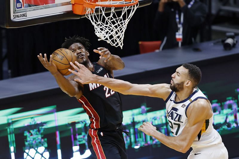 Rudy Gobert #27 of the Utah Jazz blocks a shot.