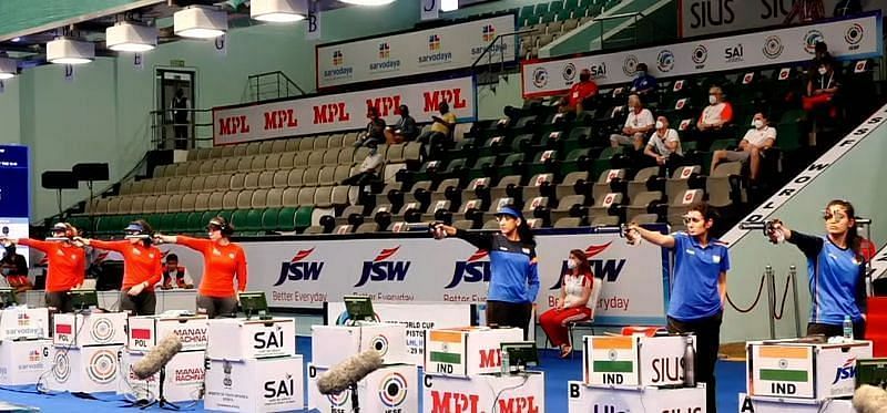 Shooters in action at 2021 ISSF World Cup In New Delhi