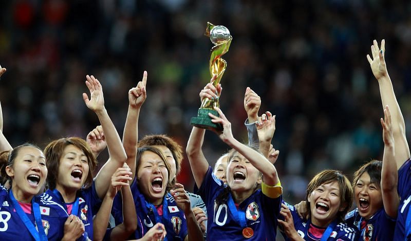 Japan&#039;s 2011 World Cup-winning team celebrates after the win.