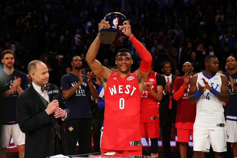 Russell Westbrook #0 of the Oklahoma City Thunder holds the MVP trophy