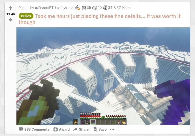 An epic mega build made out of snow in Minecraft (Image via u/PeanutBTU/reddit.com)