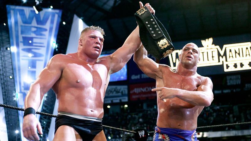Brock Lesnar defeated Kurt Angle in the main event of WrestleMania XIX to win the WWE Championship