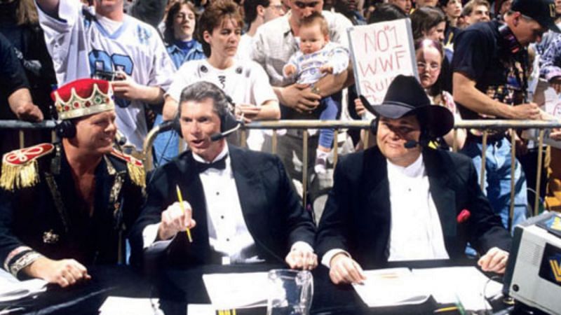 Jerry &#039;The King&#039; Lawler, Vince McMahon, and Jim Ross.