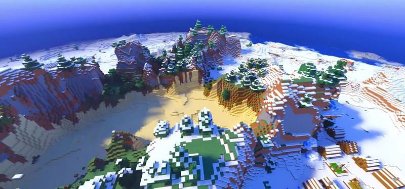 A giant pit of sand in the middle of snowy biome in Minecraft (Image via Minecraft &amp; Chill / YouTube)