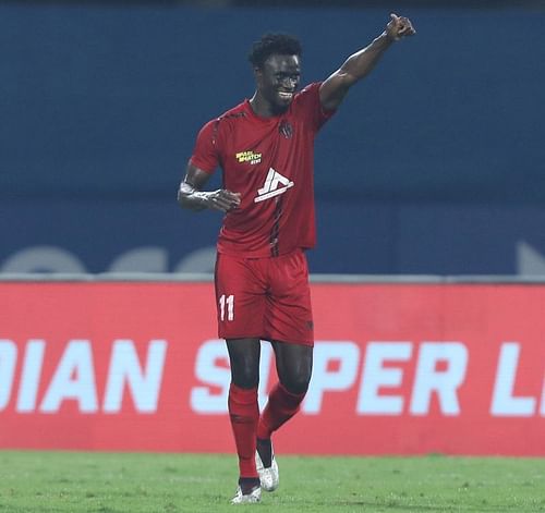 Idrissa Sylla scored a late goal for NorthEast United FC to level terms against ATK Mohun Bagan (Image Courtesy: ISL Media)