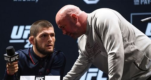 Khabib Nurmagomedov (left) and Dana White (Right) during UFC 229 press conference