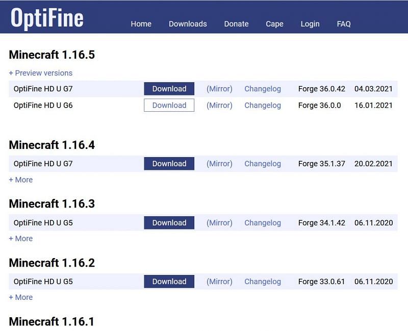 The wonderfully efficient Optifine downloads page (Image via Optifine)