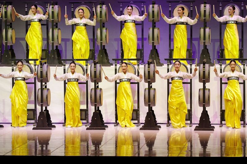 A taekwondo performer demonstrates a cultural performance during the opening ceremony of the 132nd IOC Session