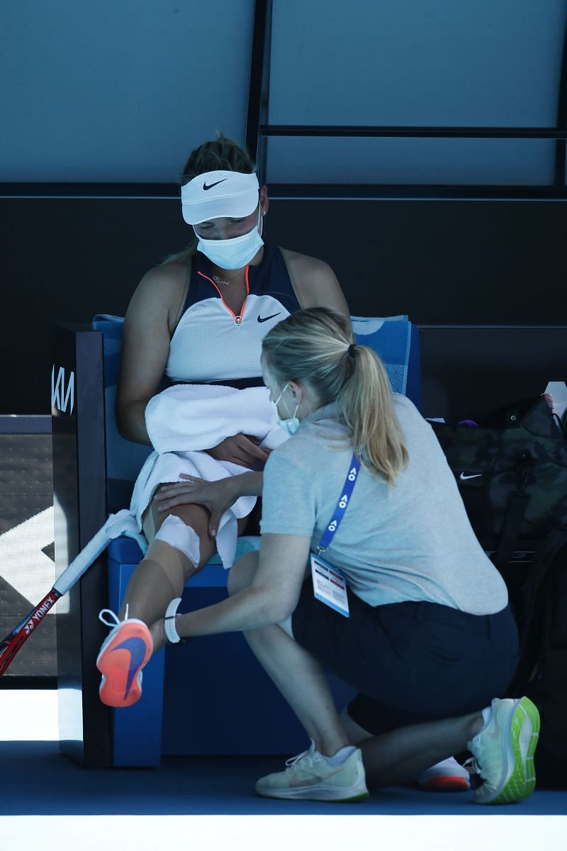 Donna Vekic receives treatment during a medical timeout at the 2021 Australian Open