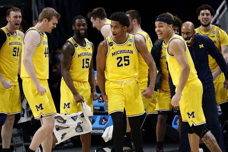 The Michigan Wolverines celebrate their 15th Elite Eight berth in program history