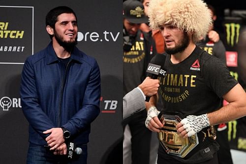 Islam Makhachev (left) wants to attain the title after  Khabib Nurmagomedov relinqushes it