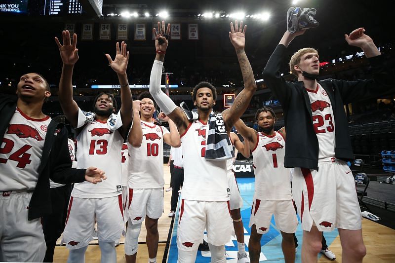 Arkansas Razorbacks celebrate their Sweet Sixteen victory over Oral Roberts.