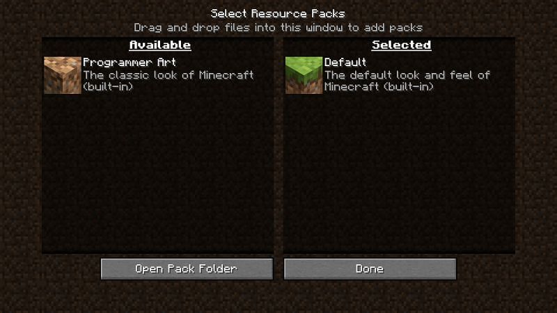 A view of the Resource Pack menu without added packs (Image via Minecraft)