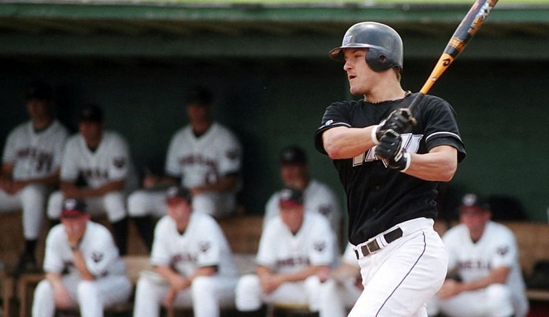 A young Stipe Miocic playing baseball during his college years