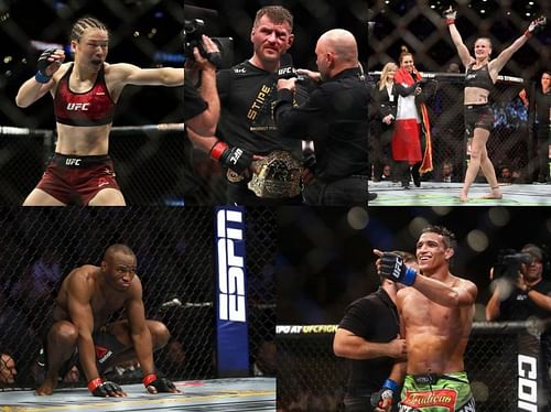 Zhang Weili (top left), Stipe Miocic (centre), Valentina Shevchenko (top right), Kamaru Usman (bottom left), Charles Oliveira (bottom right)