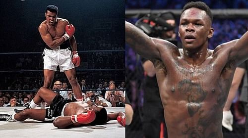 Muhammad Ali celebrating his win (left); Israel Adesanya (right)