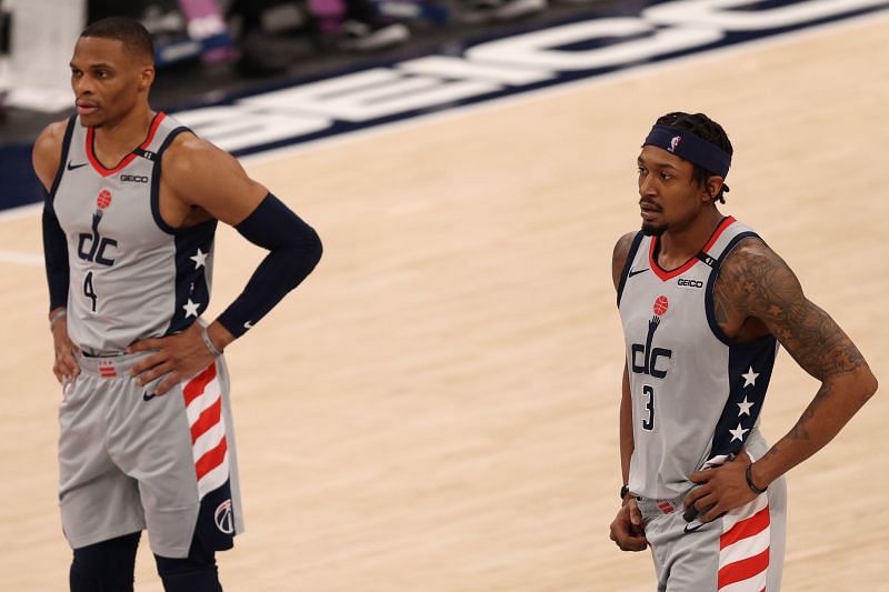 Bradley Beal #3 and Russell Westbrook #4 look on against the Utah Jazz. (Photo by Patrick Smith/Getty Images)