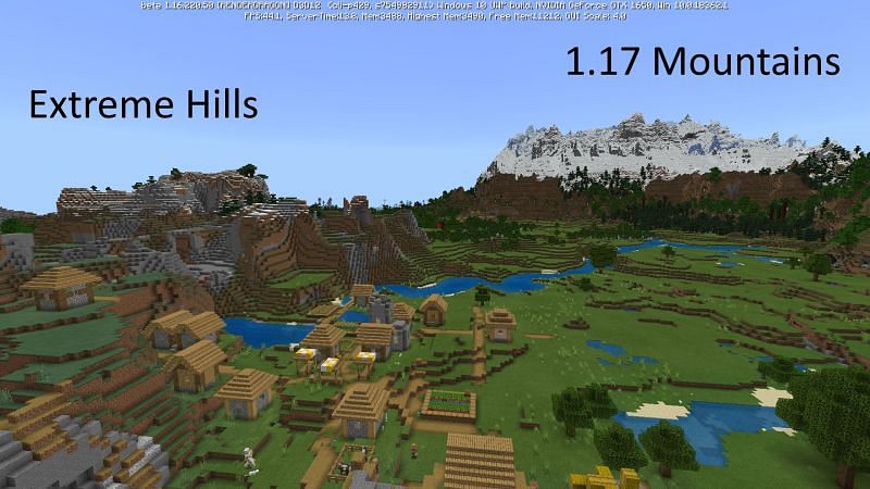 An extreme hills biome and the new mountains biome side by side on the Minecraft Bedrock Edition Beta (Image via u/ariarirrivederci/reddit.com)