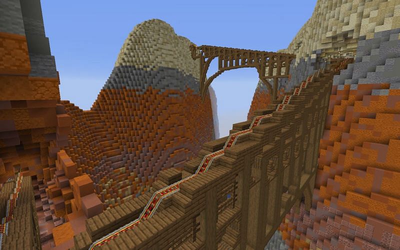 A railroad built over canyons in Minecraft (Image via u/Muffin_Cat66/reddit.com)