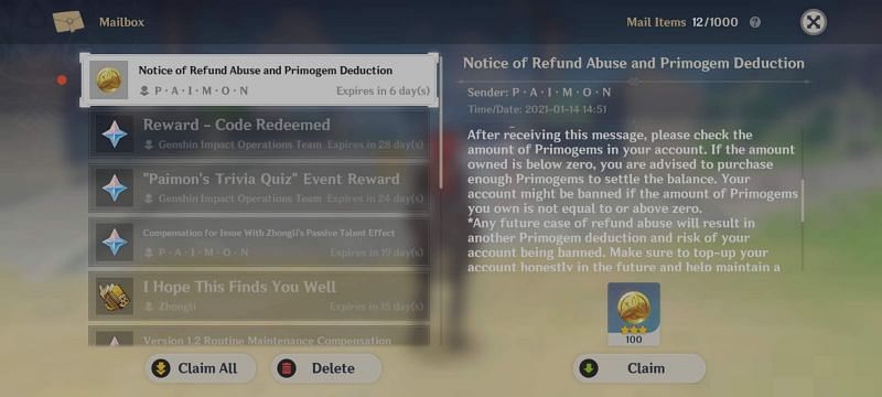 Warning regarding the Refund abuse and consequences of Negative Primogems amount