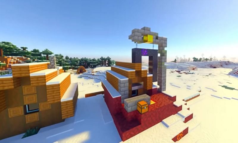 A broken ruined portal merged with the house of a villager in Minecraft (Image via Minecraft &amp; Chill/YouTube)
