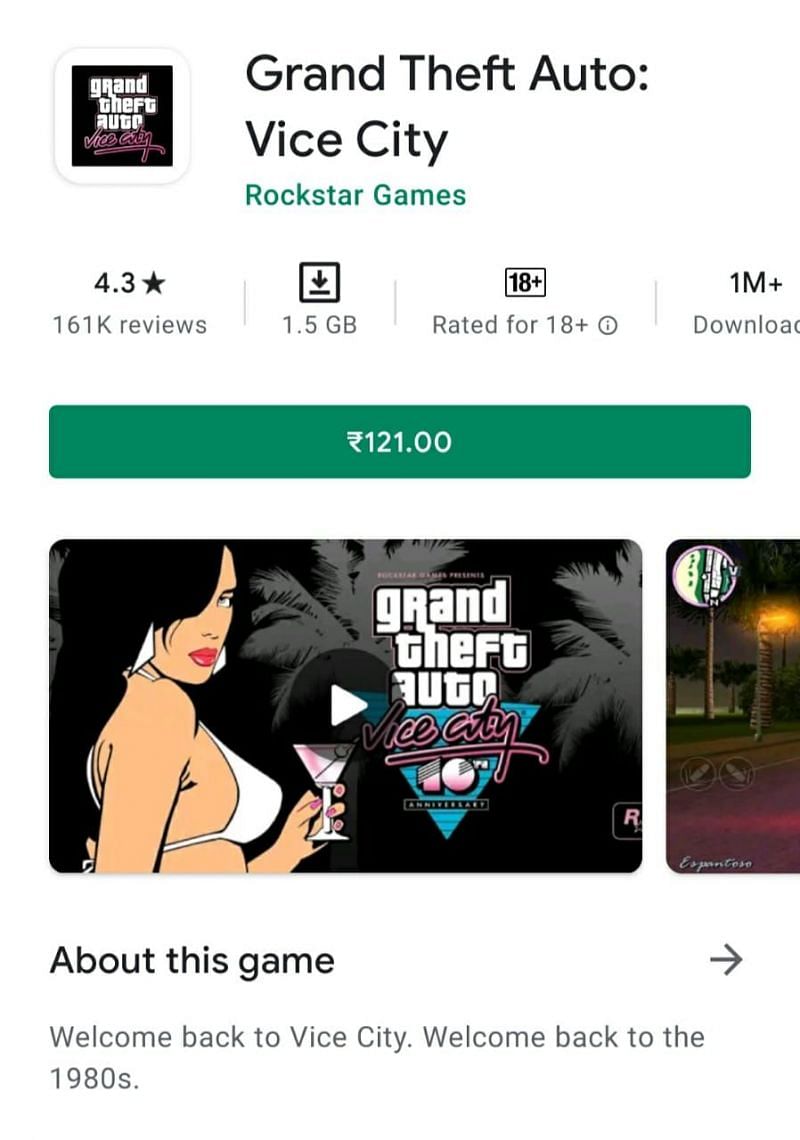 GTA Vice City has a rating of 4.3 stars on the Google Play Store (Image via Google Play Store)