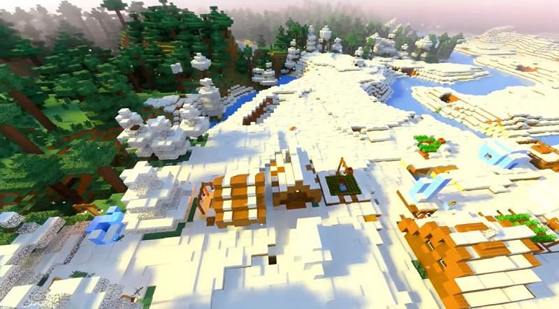 A snowy village that has a Stronghold right underneath it in Minecraft (Image via Minecraft &amp; Chill/YouTube)