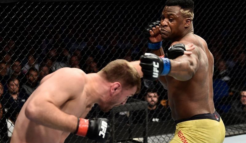 Stipe Miocic (left) and Francis Ngannou (right) at UFC 220