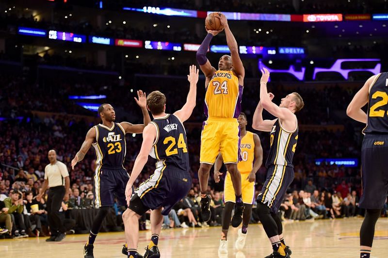 Kobe Bryant #24 goes up for a shot against the Utah Jazz