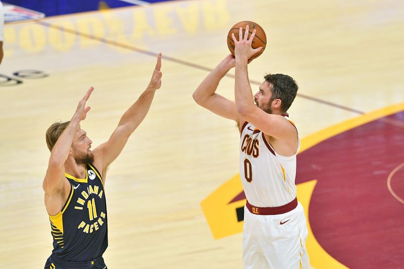 Cleveland Cavaliers star Kevin Love shoots over Domantas Sabonis of the Indiana Pacers