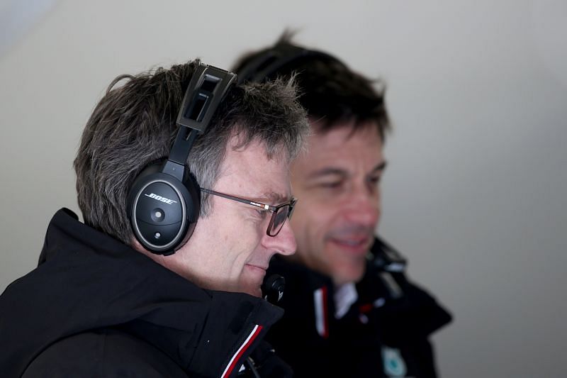  James Allison with Mercedes team principal Toto Wolff. Photo: Charles Coates/Getty Images.