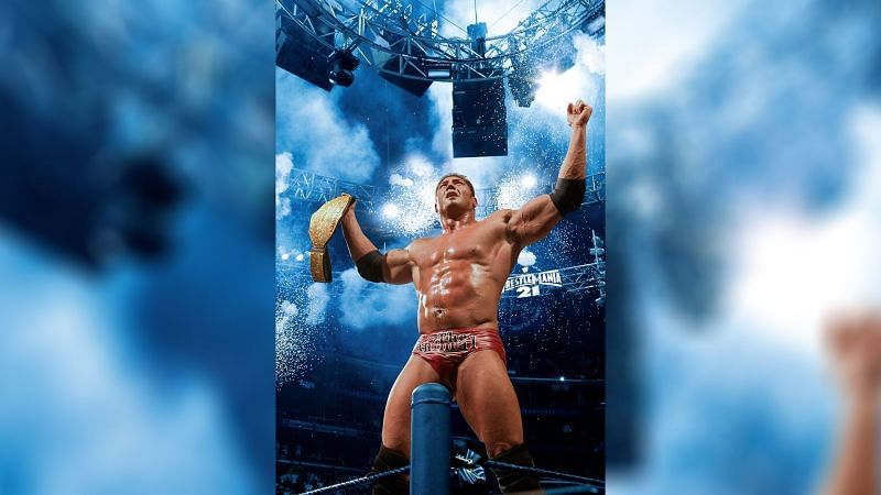 Batista defeated Triple H to win the World Heavyweight Championship at WrestleMania 21 (Credit = WWE Network)