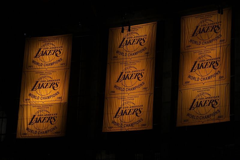 General view of the LA Lakers&#039; championship banners.