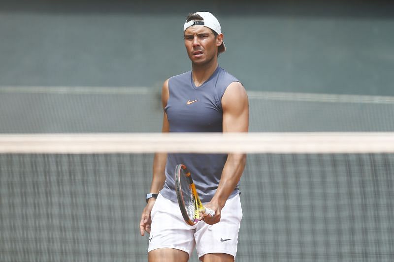 Rafael Nadal practices at Barcelona