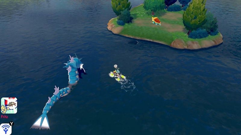 Travel out onto the water and look for Gyarados. Its massive body will be easy to see on the water.