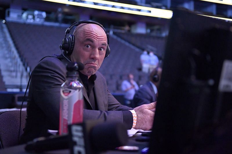Joe Rogan on the commentator&#039;s booth at UFC 249