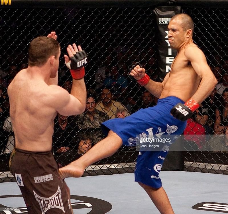 Royce Gracie kicks Matt Hughes at UFC 60 | Photo via Getty Images