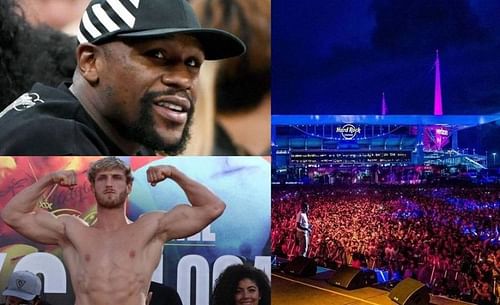 Floyd Mayweather Jr. (top left); Logan Paul (bottom left); Hard Rock Stadium (right)