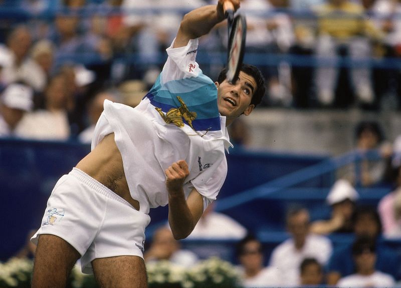 Pete Sampras serves at the 1990 US Open