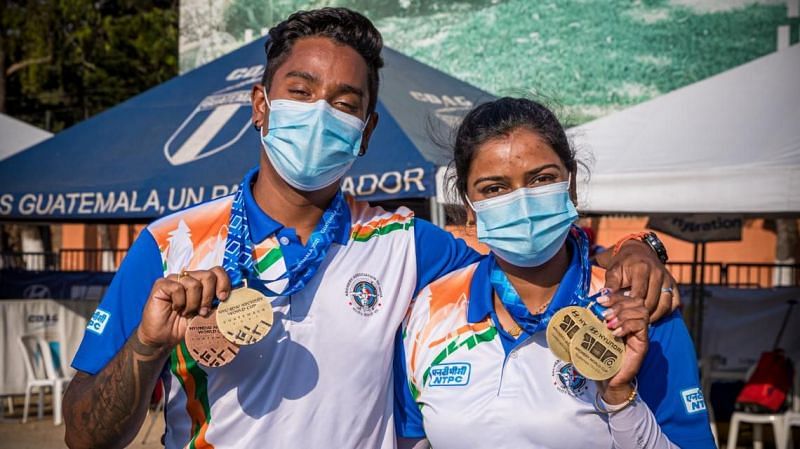 India&#039;s Atanu Das and Deepika Kumari flaunt their Archery World Cup gold medals. (Source: World Archery)