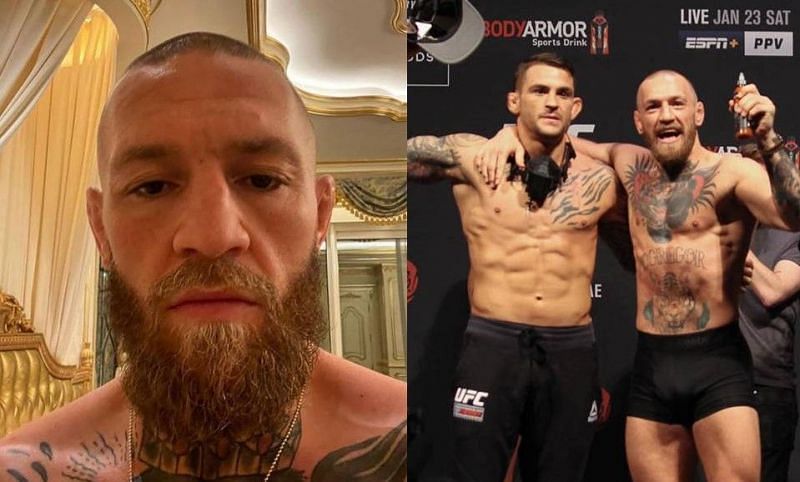 Conor McGregor (left and right); Dustin Poirier (center)