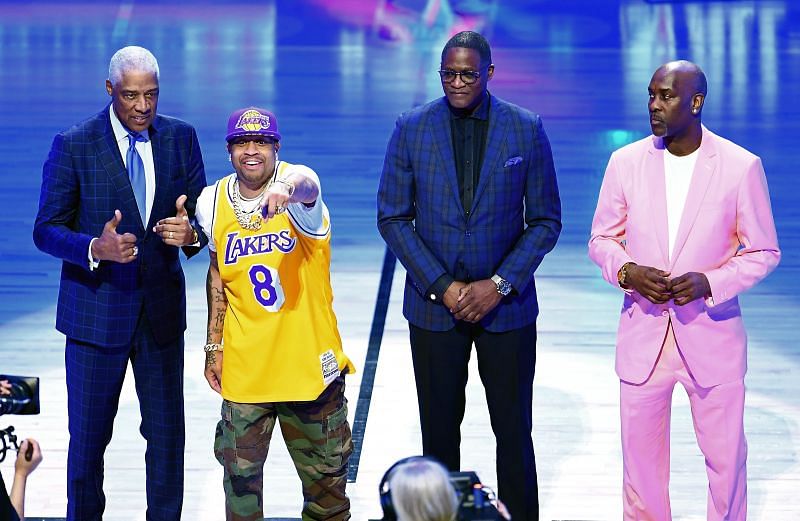 (L-R) Julius Erving, Allen Iverson, Dominique Wilkins, and Gary Payton are honored during the 69th NBA All-Star Game.