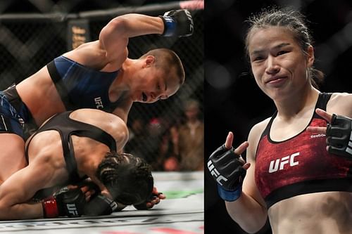 Zhang Weili (R) reacts to her UFC 261 loss